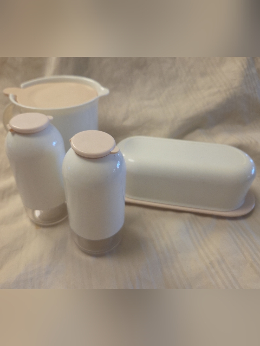 White and Pale Pink Tupperware Set Creamer Salt And Pepper Shakers Butter Dish